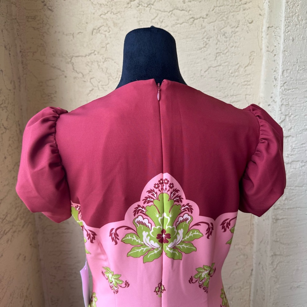 Mestiza New York Perla Flamingo Flourish Midi Dress Sz 8 Crew Neck Puff Sleeve - Picture 8 of 15